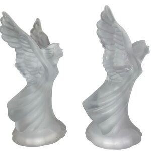 Satin Frosted Glass Angel Candle Holders 6.5” Tall Christmas Angels Taper Candle
